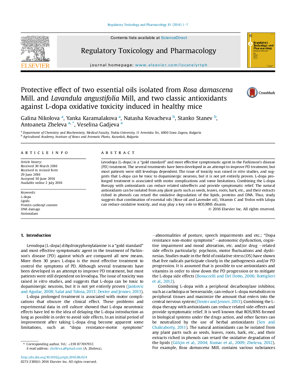 Protective effect of two essential oils isolated from Rosa damascena Mill. and Lavandula angustifolia Mill, and two classic antioxidants against L-dopa oxidative toxicity induced in healthy mice