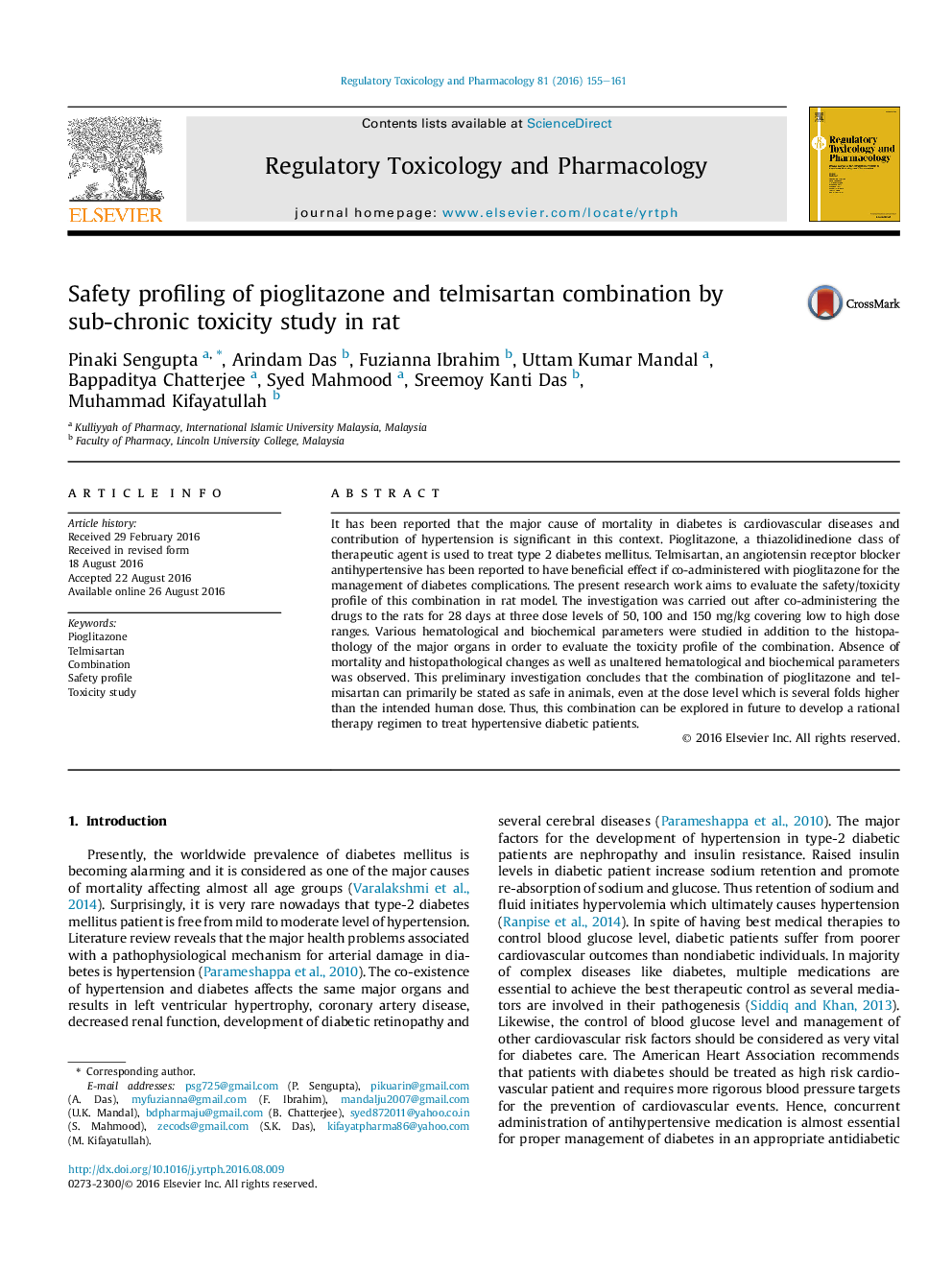 Safety profiling of pioglitazone and telmisartan combination by sub-chronic toxicity study in rat