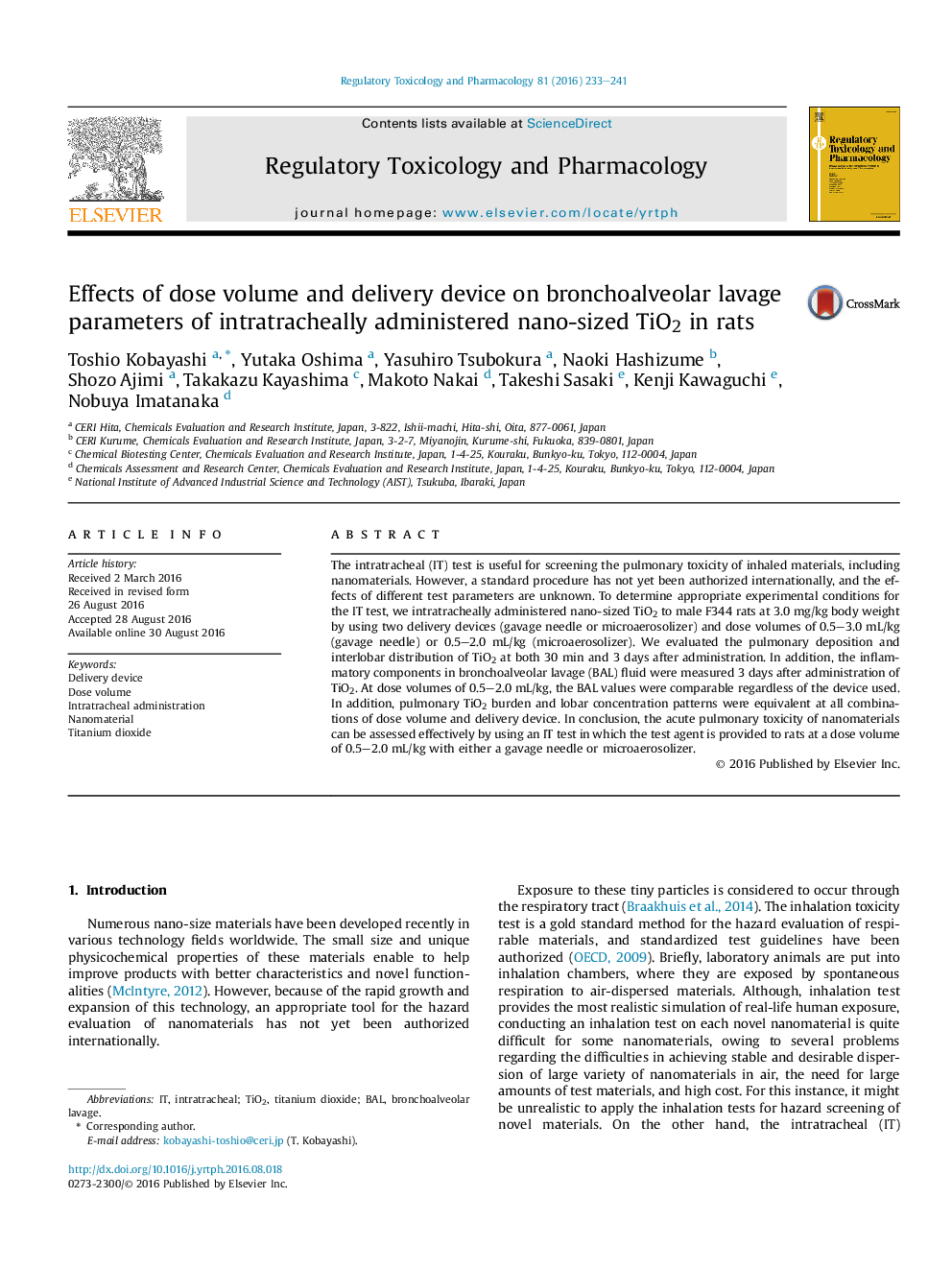 Effects of dose volume and delivery device on bronchoalveolar lavage parameters of intratracheally administered nano-sized TiO2 in rats
