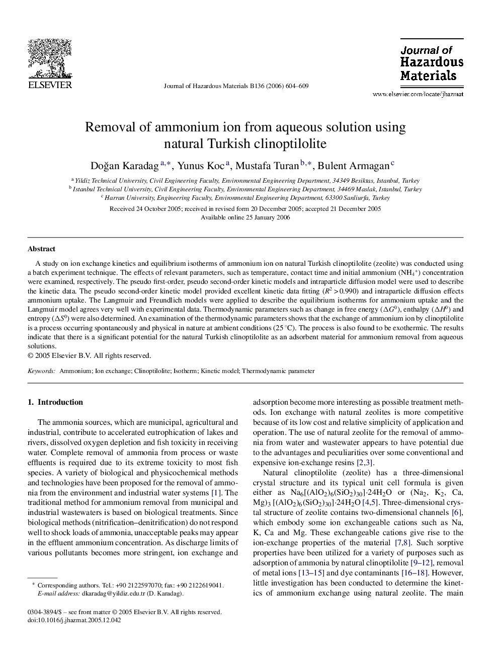 Removal of ammonium ion from aqueous solution using natural Turkish clinoptilolite