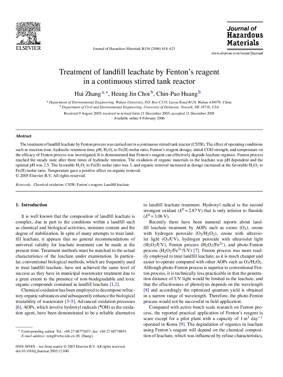 Treatment of landfill leachate by Fenton's reagent in a continuous stirred tank reactor