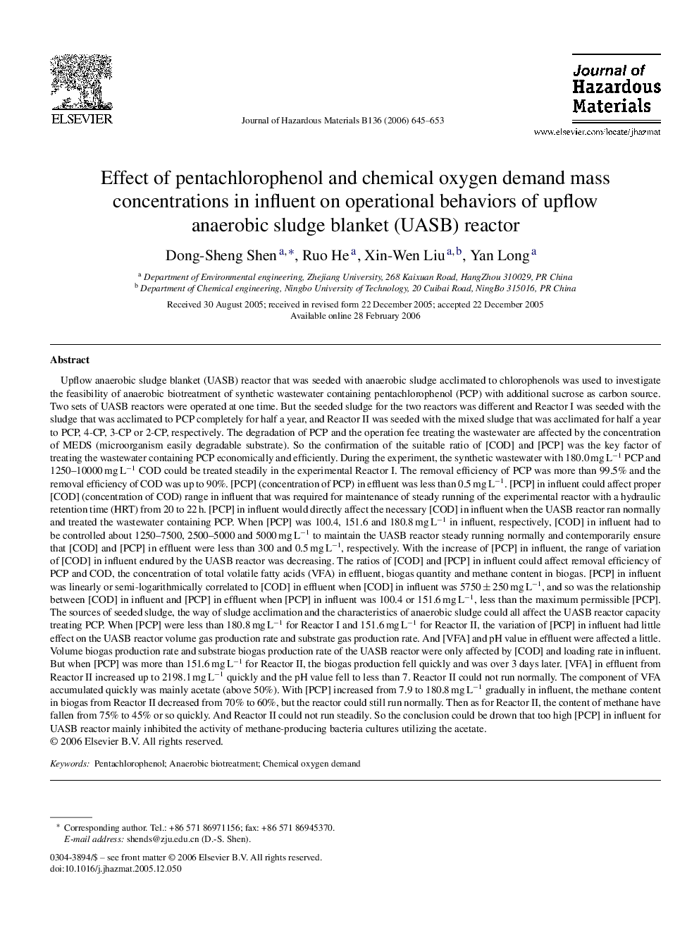 Effect of pentachlorophenol and chemical oxygen demand mass concentrations in influent on operational behaviors of upflow anaerobic sludge blanket (UASB) reactor