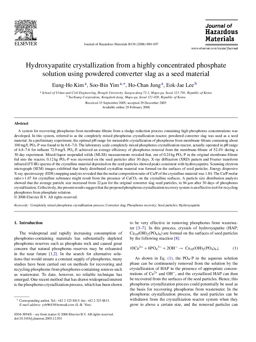 Hydroxyapatite crystallization from a highly concentrated phosphate solution using powdered converter slag as a seed material