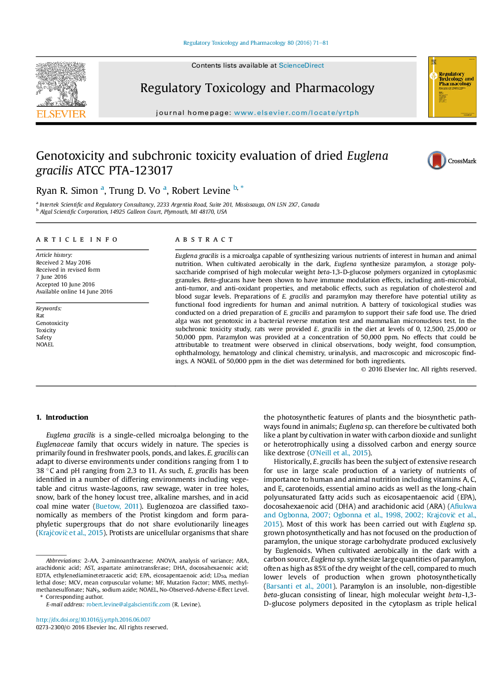 Genotoxicity and subchronic toxicity evaluation of dried Euglena gracilis ATCC PTA-123017