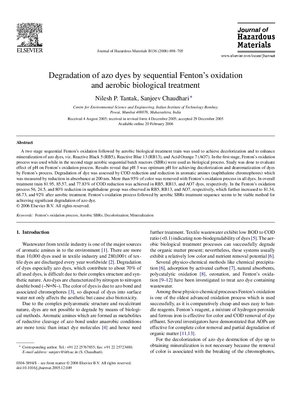 Degradation of azo dyes by sequential Fenton's oxidation and aerobic biological treatment