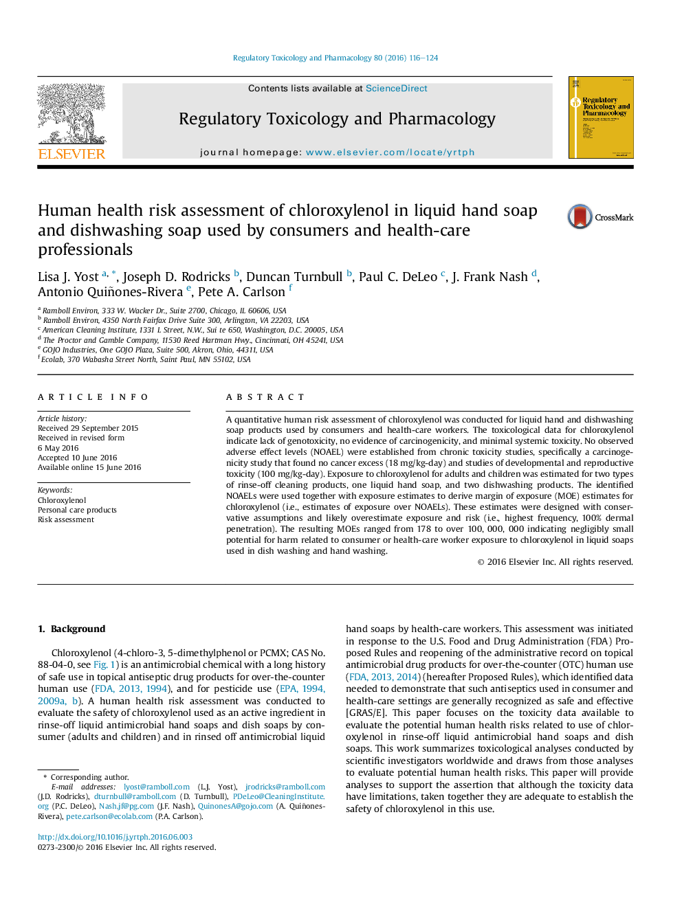 Human health risk assessment of chloroxylenol in liquid hand soap and dishwashing soap used by consumers and health-care professionals