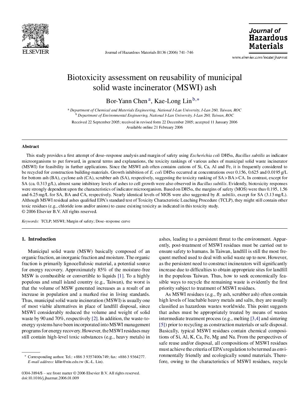 Biotoxicity assessment on reusability of municipal solid waste incinerator (MSWI) ash