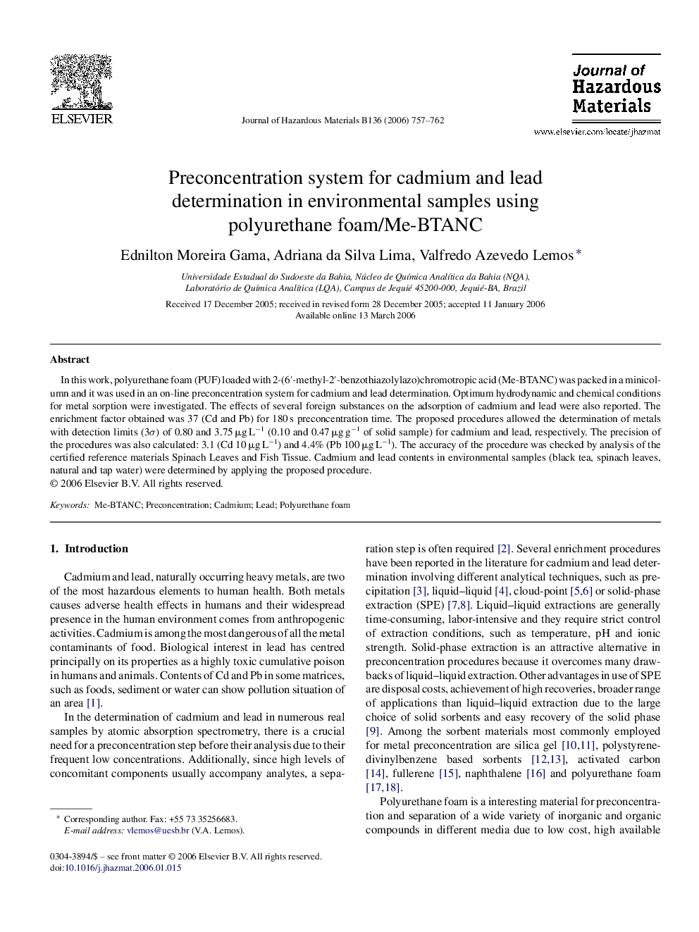 Preconcentration system for cadmium and lead determination in environmental samples using polyurethane foam/Me-BTANC