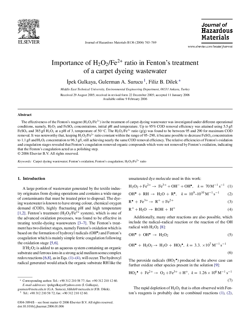 Importance of H2O2/Fe2+ ratio in Fenton's treatment of a carpet dyeing wastewater