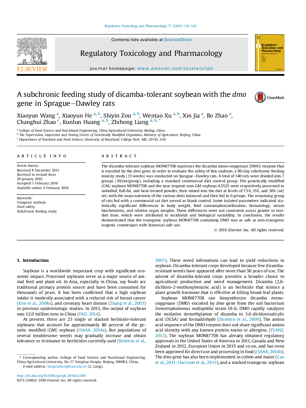 A subchronic feeding study of dicamba-tolerant soybean with the dmo gene in Sprague-Dawley rats