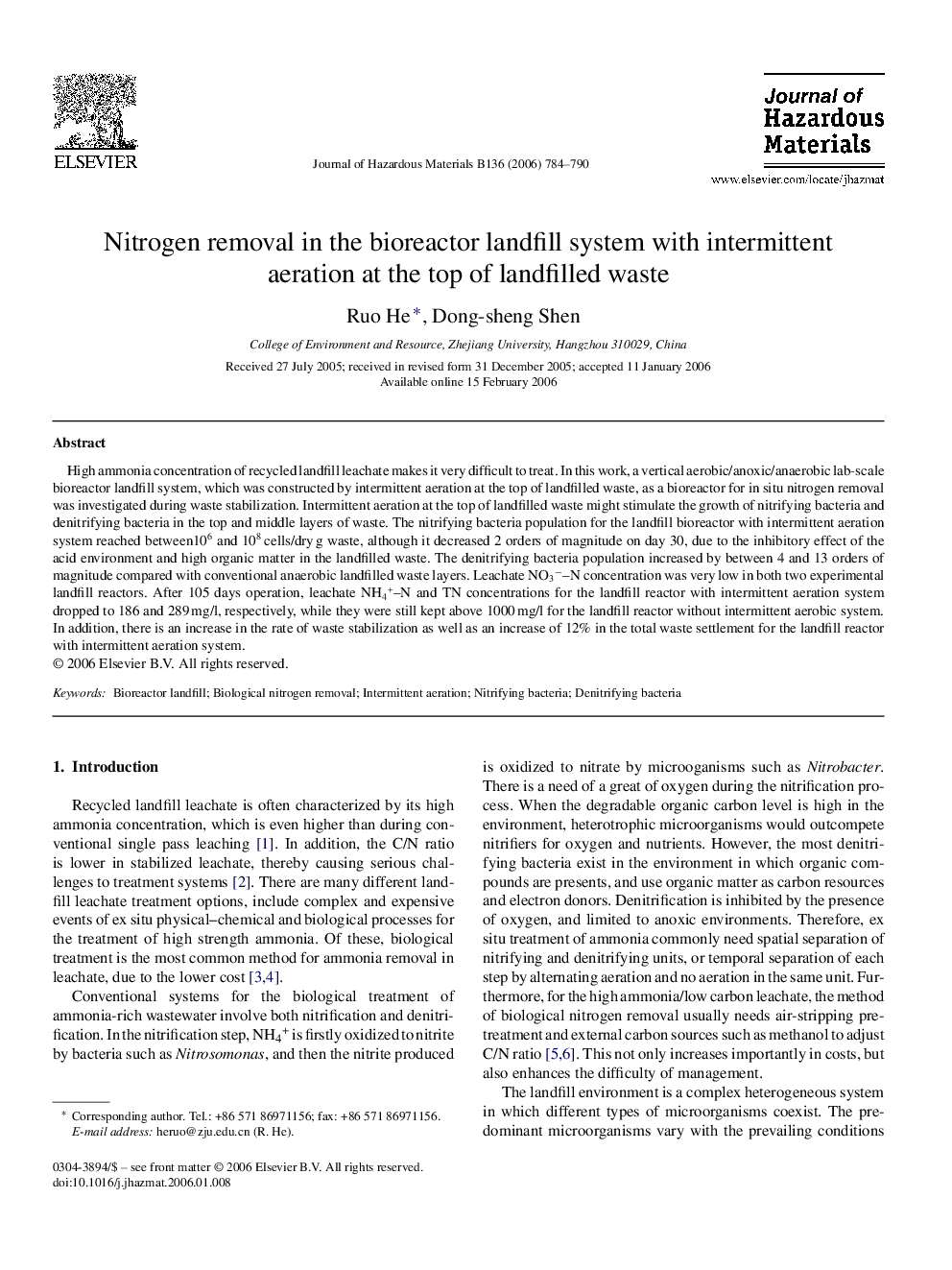 Nitrogen removal in the bioreactor landfill system with intermittent aeration at the top of landfilled waste