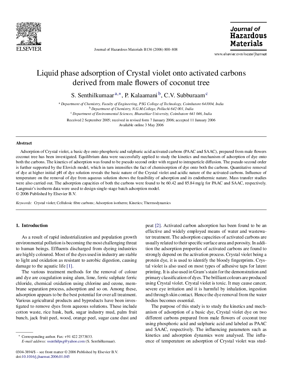 Liquid phase adsorption of Crystal violet onto activated carbons derived from male flowers of coconut tree