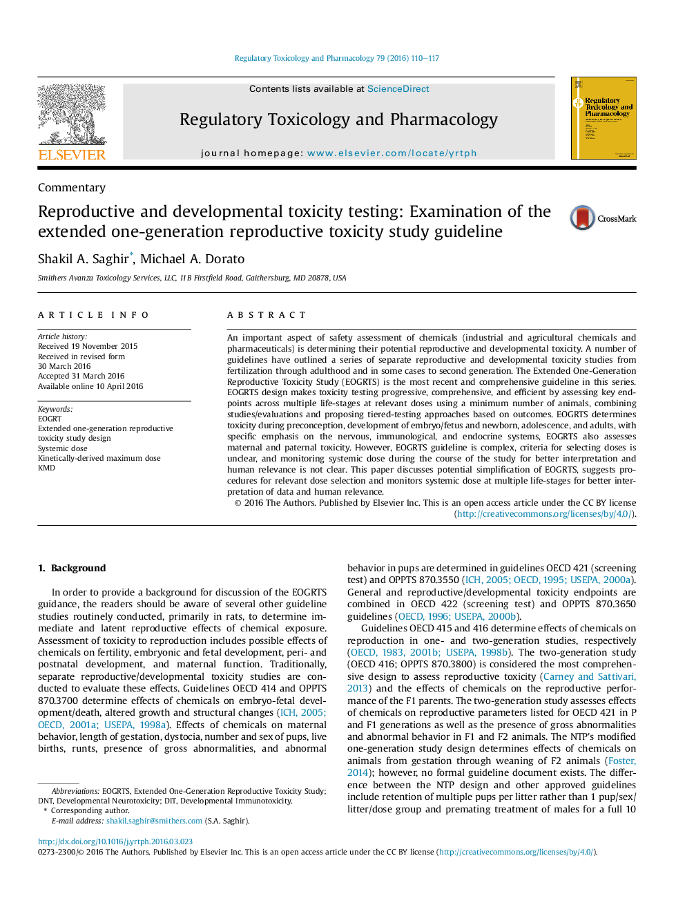 CommentaryReproductive and developmental toxicity testing: Examination of the extended one-generation reproductive toxicity study guideline