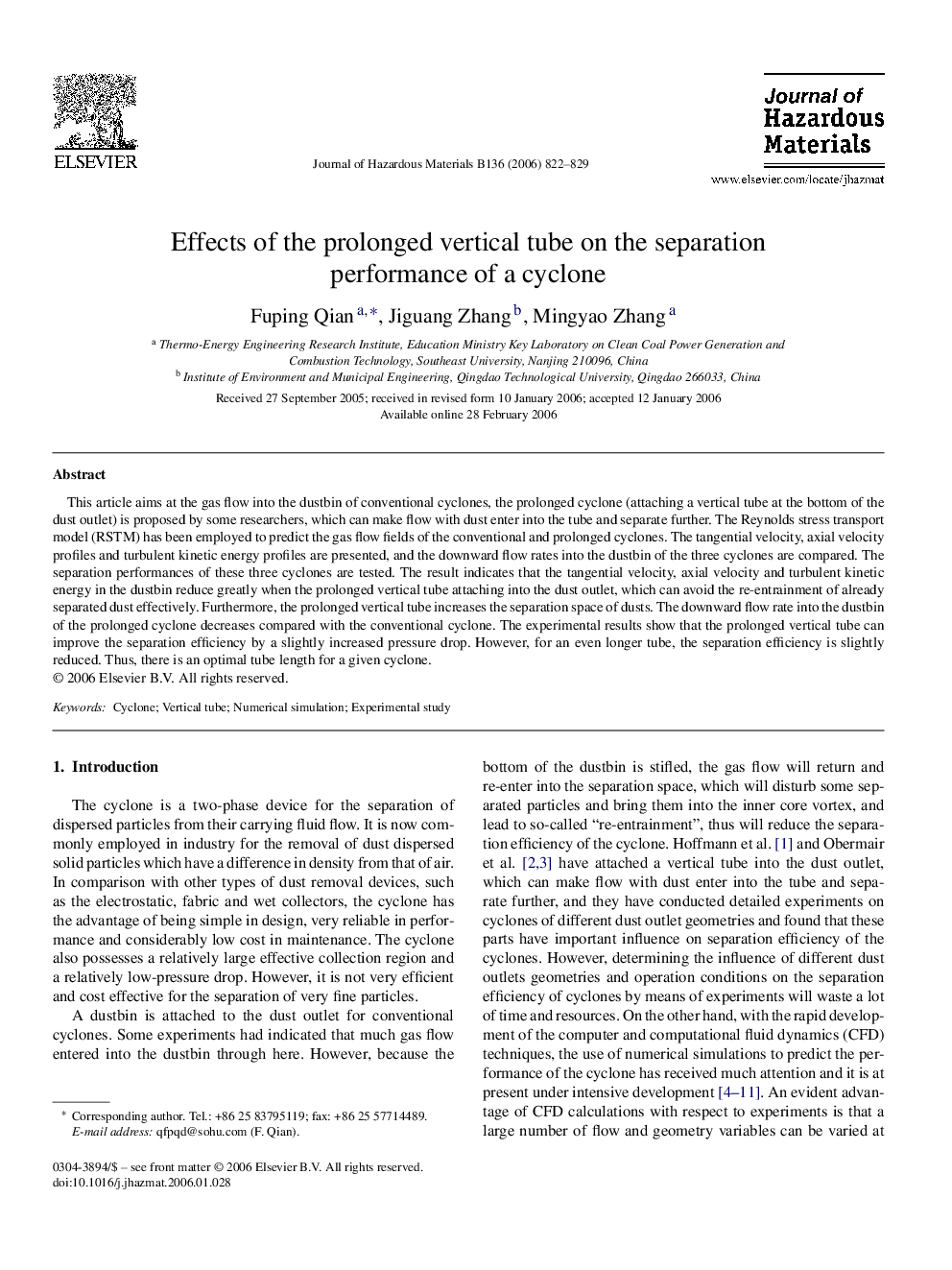 Effects of the prolonged vertical tube on the separation performance of a cyclone