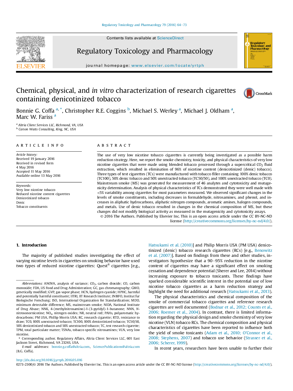 Chemical, physical, and inÂ vitro characterization of research cigarettes containing denicotinized tobacco