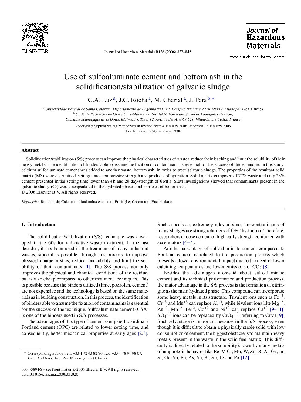 Use of sulfoaluminate cement and bottom ash in the solidification/stabilization of galvanic sludge