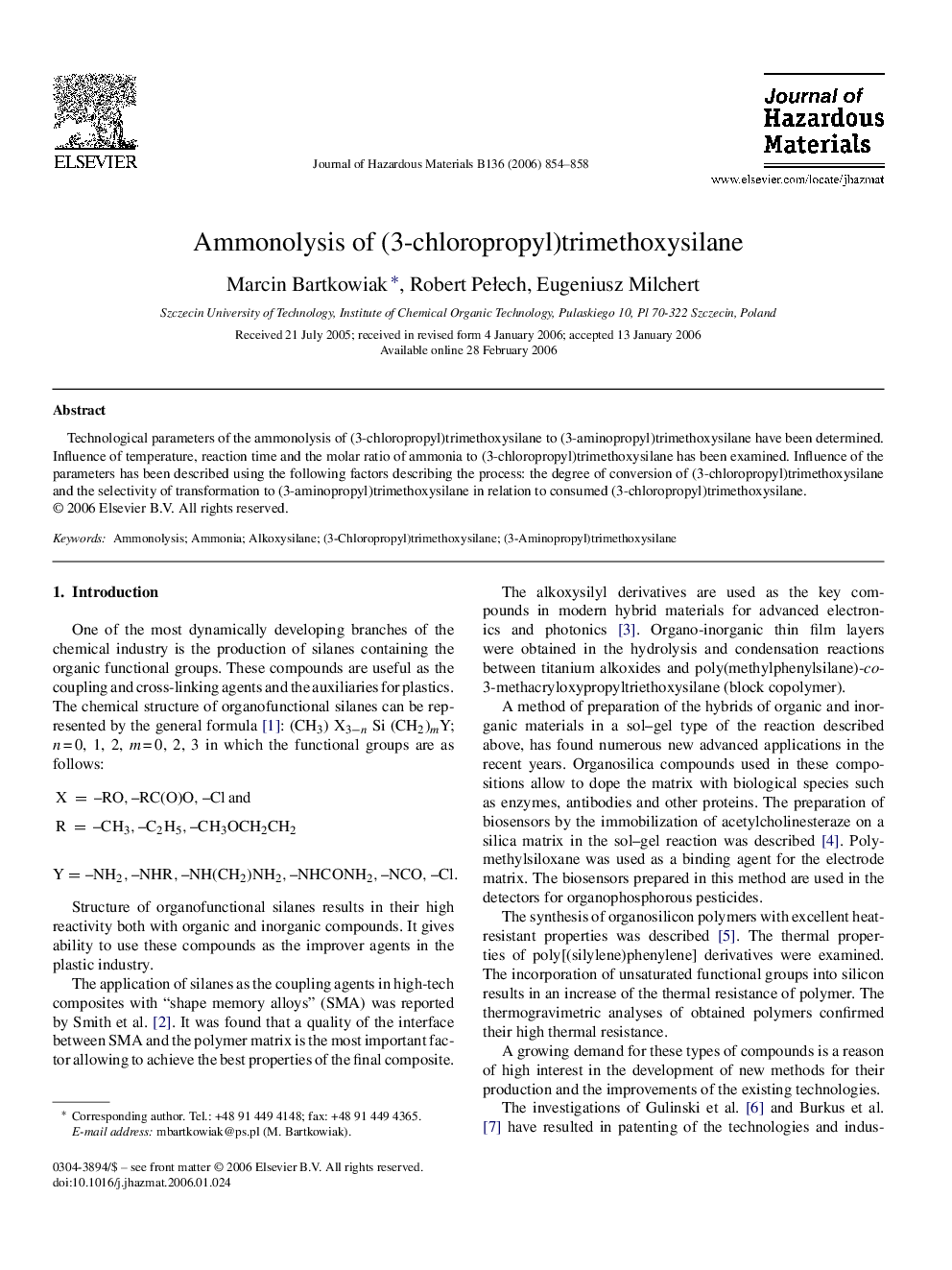Ammonolysis of (3-chloropropyl)trimethoxysilane