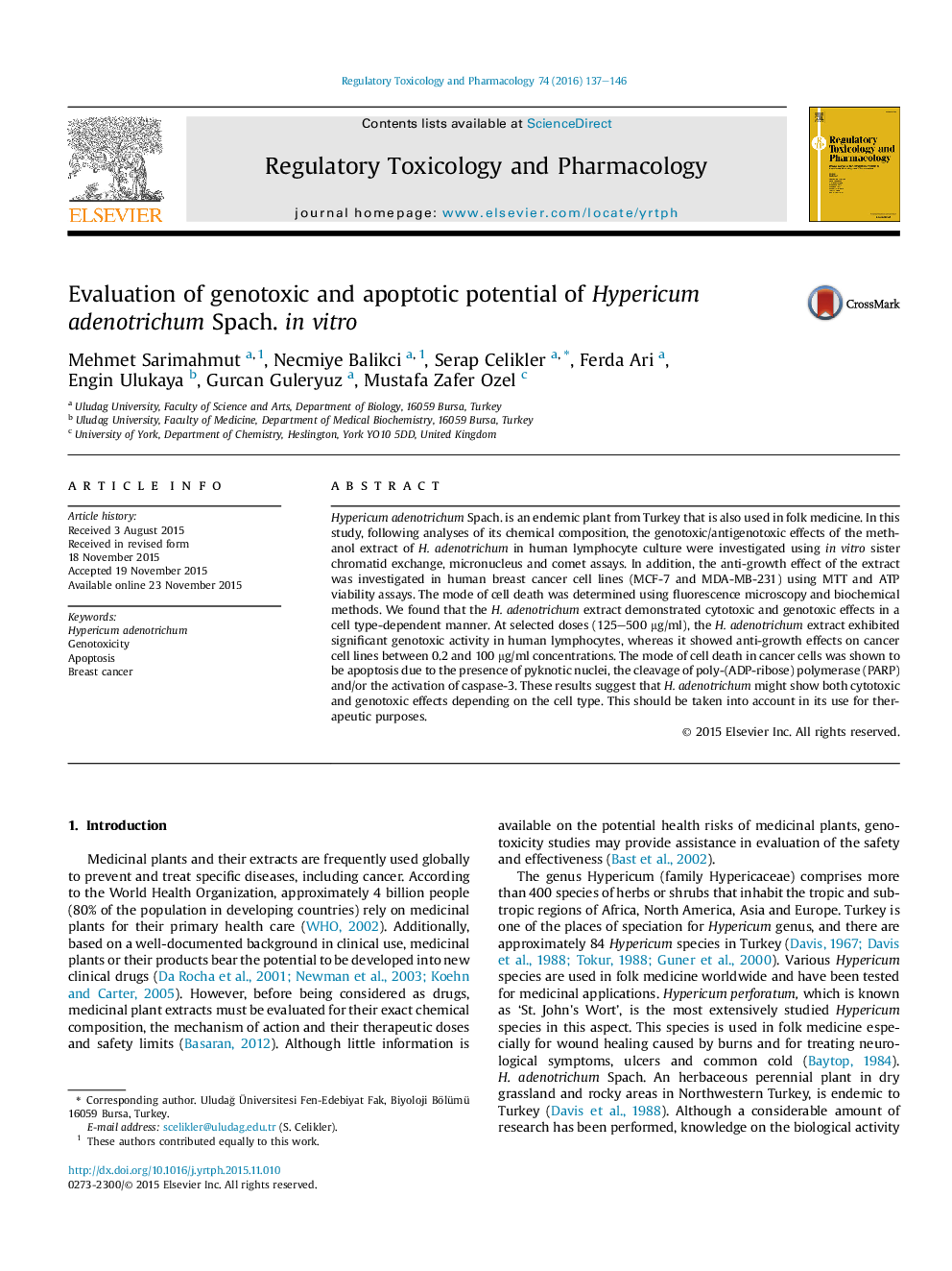 Evaluation of genotoxic and apoptotic potential of Hypericum adenotrichum Spach. inÂ vitro