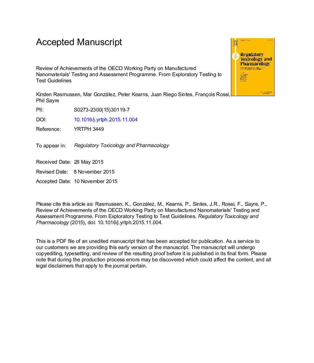 Review of achievements of the OECD Working Party on Manufactured Nanomaterials' Testing and Assessment Programme. From exploratory testing to test guidelines