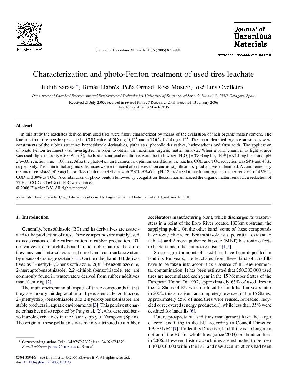 Characterization and photo-Fenton treatment of used tires leachate