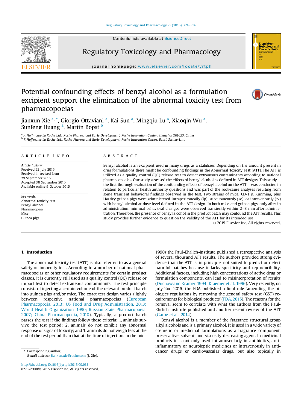 Potential confounding effects of benzyl alcohol as a formulation excipient support the elimination of the abnormal toxicity test from pharmacopoeias