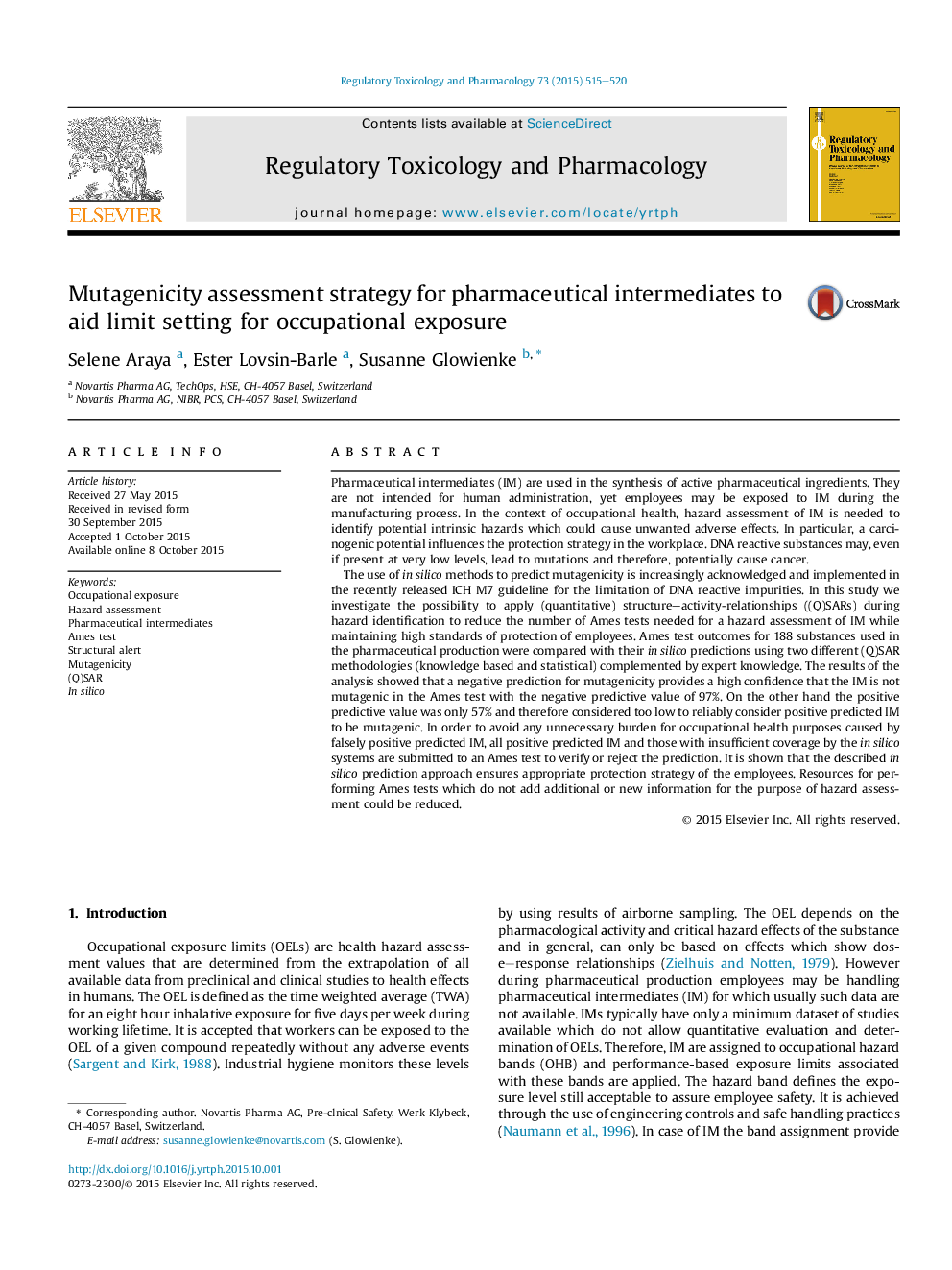 Mutagenicity assessment strategy for pharmaceutical intermediates to aid limit setting for occupational exposure