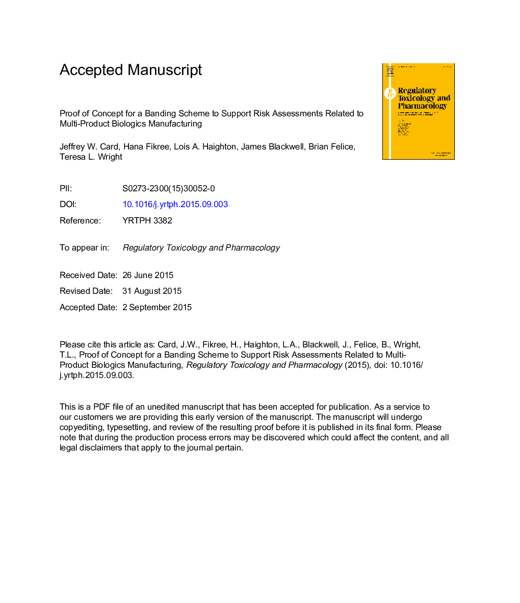 Proof of concept for a banding scheme to support risk assessments related to multi-product biologics manufacturing