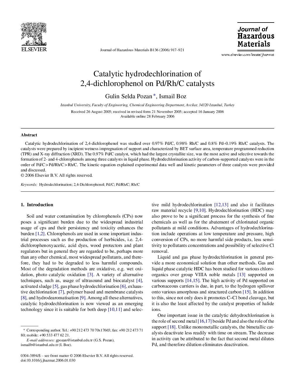 Catalytic hydrodechlorination of 2,4-dichlorophenol on Pd/Rh/C catalysts