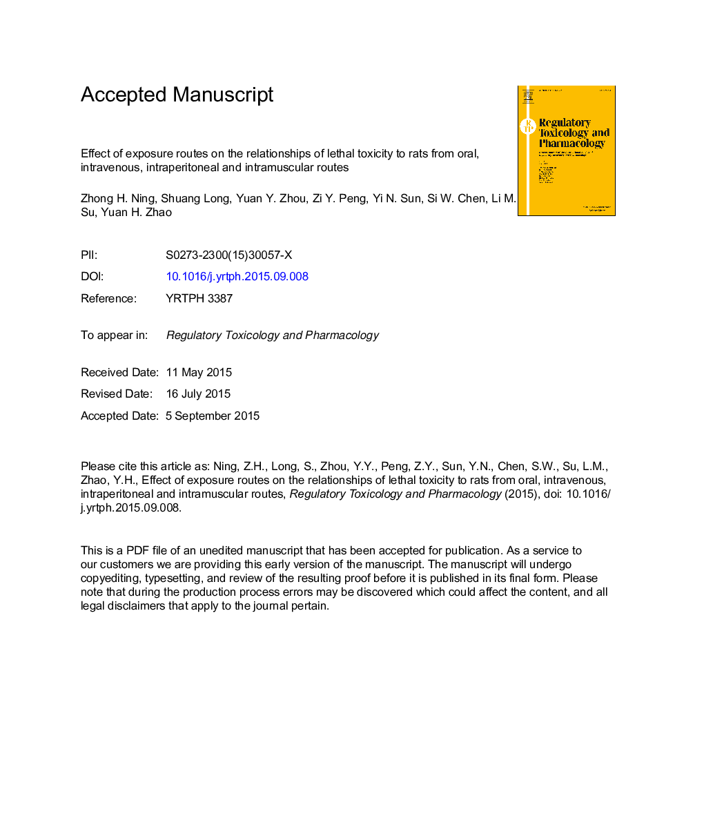 Effect of exposure routes on the relationships of lethal toxicity to rats from oral, intravenous, intraperitoneal and intramuscular routes