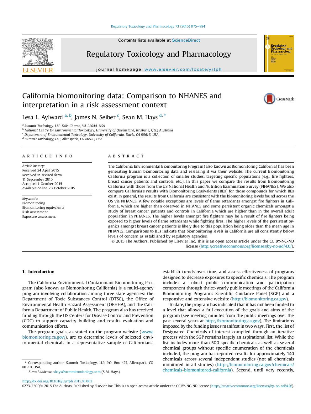 California biomonitoring data: Comparison to NHANES and interpretation in a risk assessment context