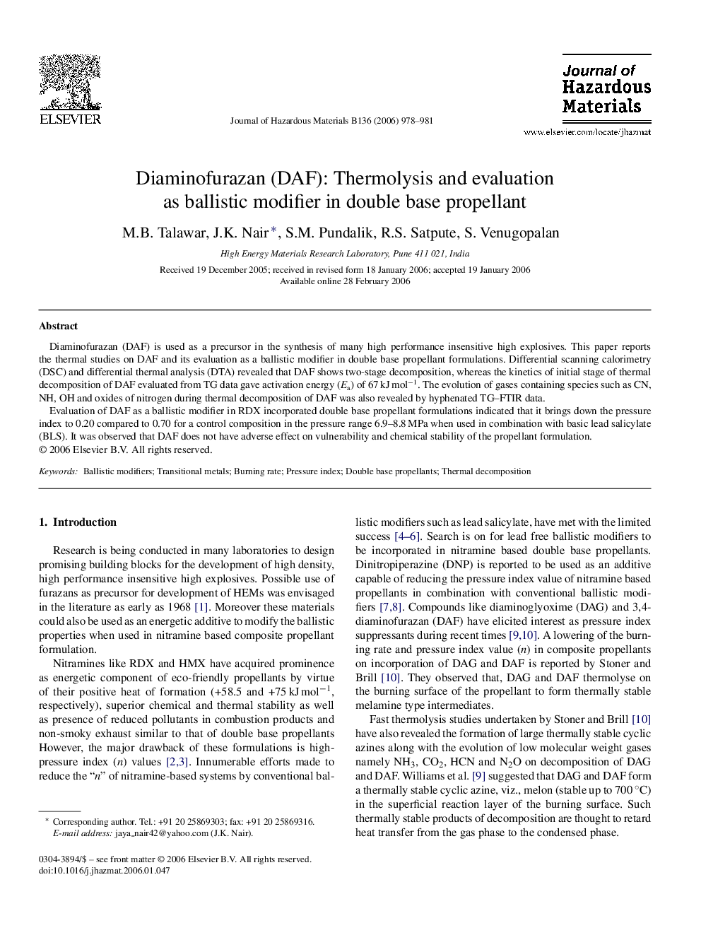 Diaminofurazan (DAF): Thermolysis and evaluation as ballistic modifier in double base propellant