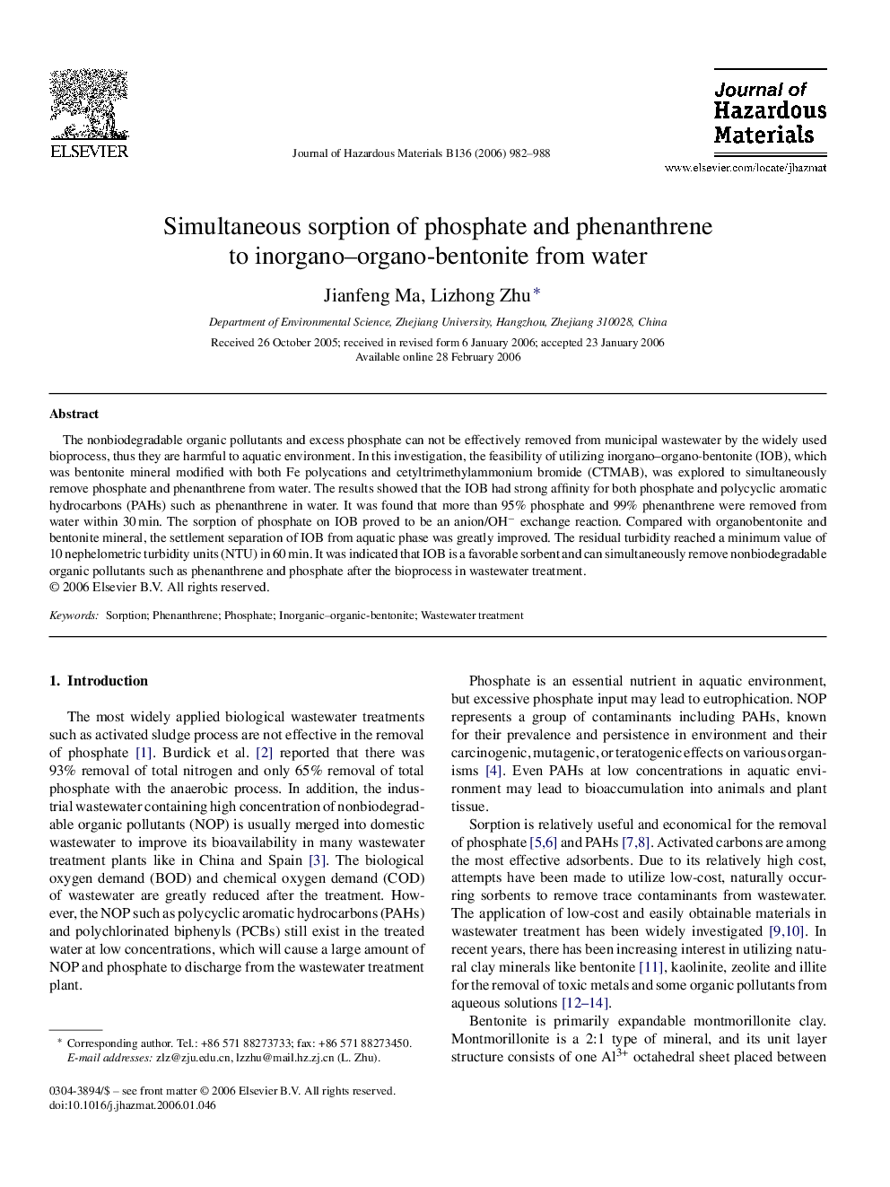 Simultaneous sorption of phosphate and phenanthrene to inorgano–organo-bentonite from water