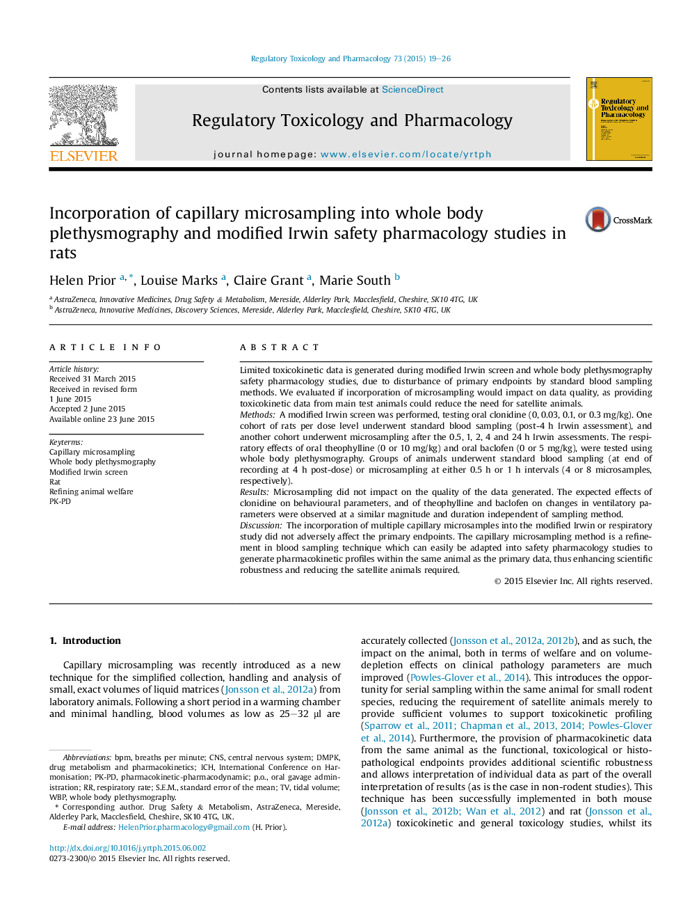 Incorporation of capillary microsampling into whole body plethysmography and modified Irwin safety pharmacology studies in rats