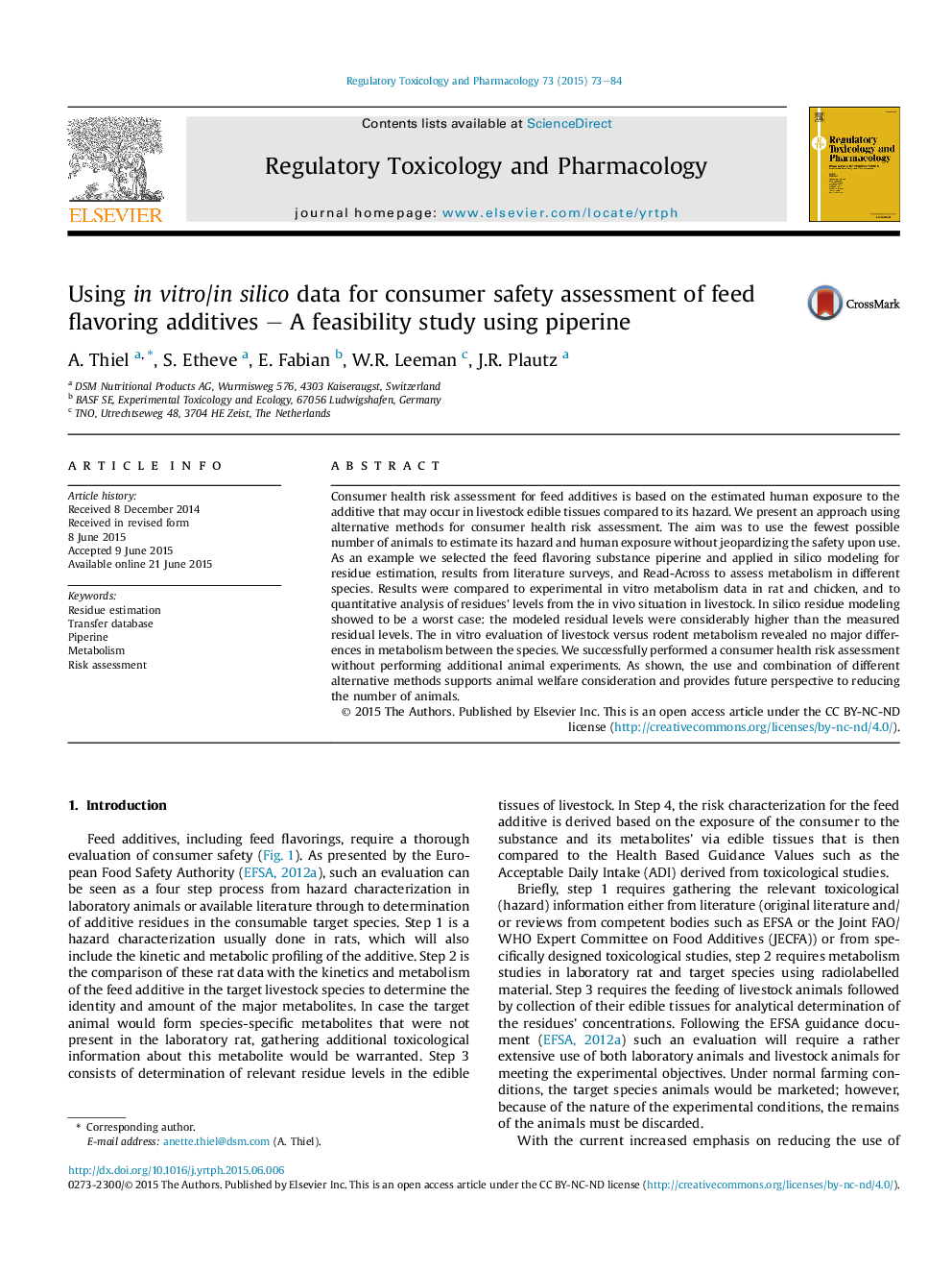 Using inÂ vitro/in silico data for consumer safety assessment of feed flavoring additives - A feasibility study using piperine