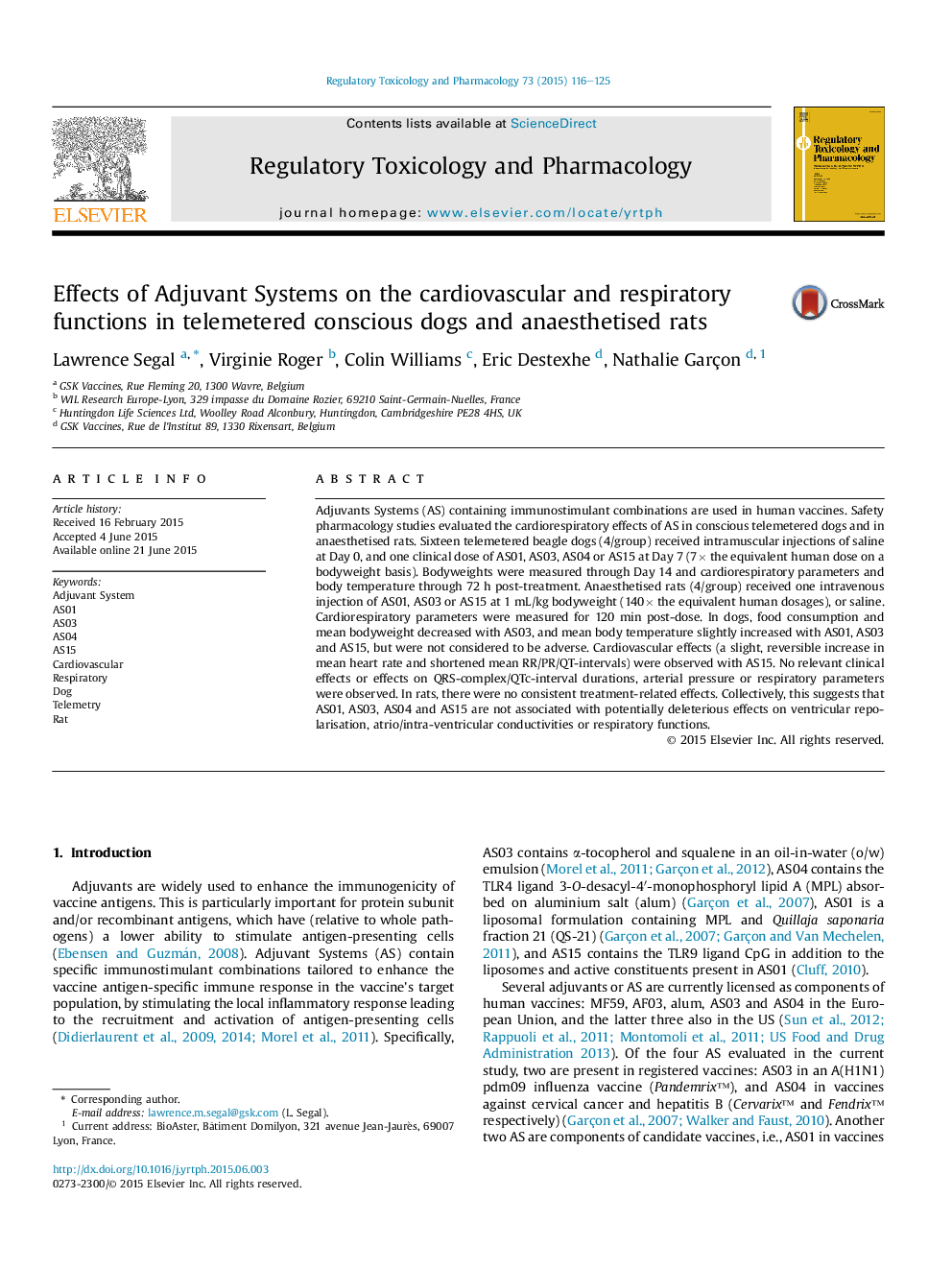 Effects of Adjuvant Systems on the cardiovascular and respiratory functions in telemetered conscious dogs and anaesthetised rats