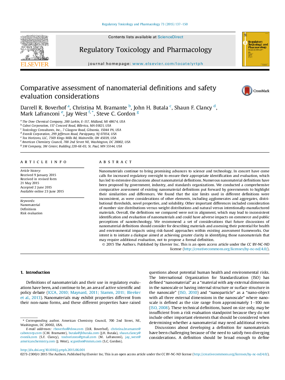 Comparative assessment of nanomaterial definitions and safety evaluation considerations