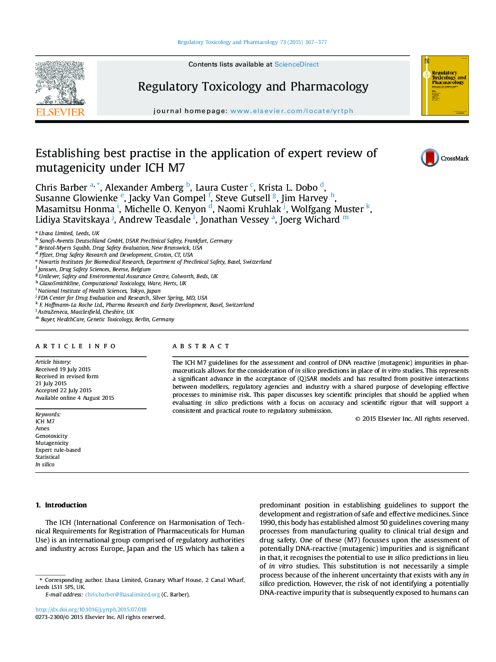 عکس صفحه اول مقاله: Establishing best practise in the application of expert review of mutagenicity under ICH M7 Establishing best practise in the application of expert review of mutagenicity under ICH M7