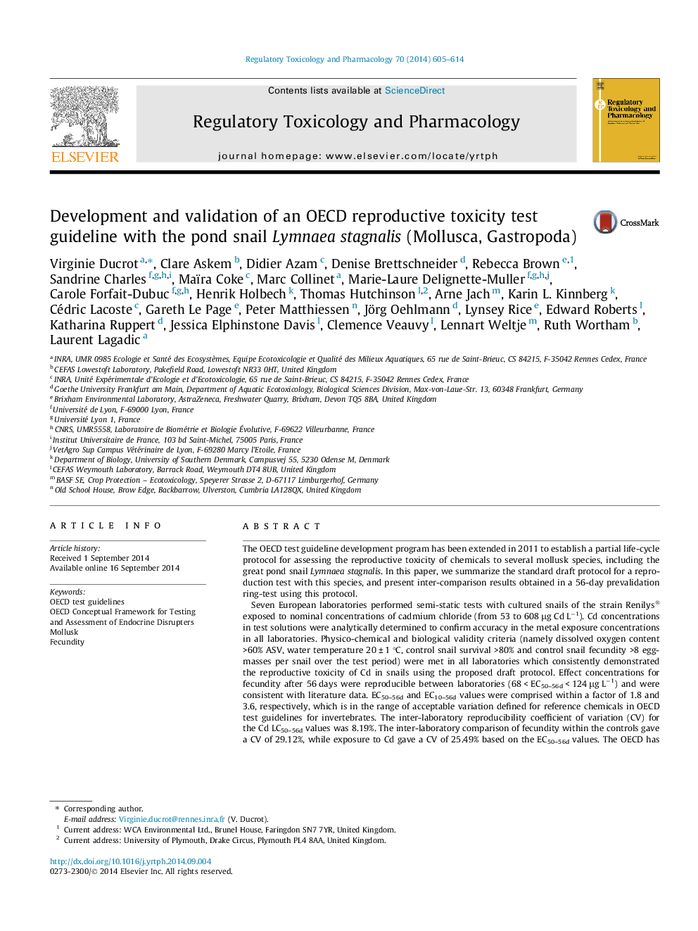 عکس صفحه اول مقاله: Development and validation of an OECD reproductive toxicity test guideline with the pond snail Lymnaea stagnalis (Mollusca, Gastropoda) Development and validation of an OECD reproductive toxicity test guideline with the pond snail Lymnaea stagnalis (Mollusca, Gastropoda)