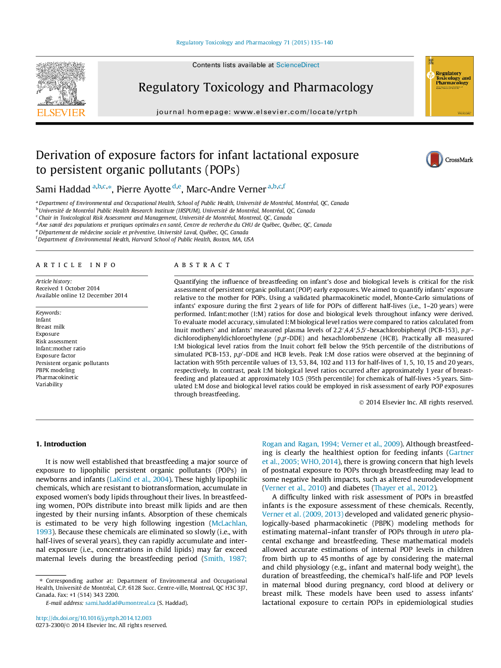 Derivation of exposure factors for infant lactational exposure to persistent organic pollutants (POPs)