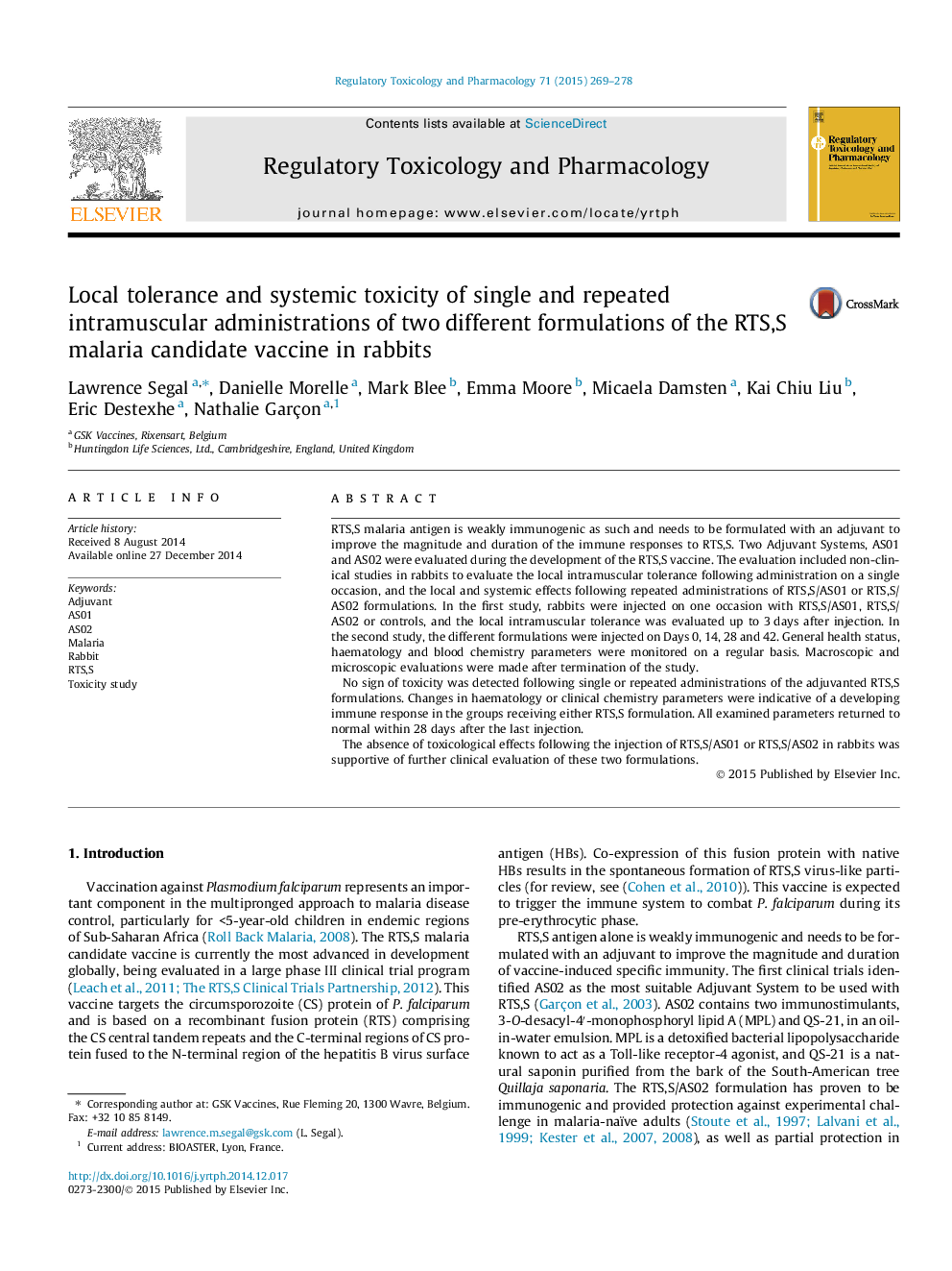 Local tolerance and systemic toxicity of single and repeated intramuscular administrations of two different formulations of the RTS,S malaria candidate vaccine in rabbits