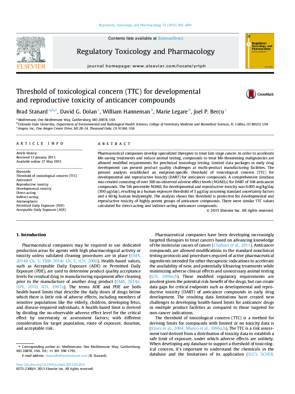 Threshold of toxicological concern (TTC) for developmental and reproductive toxicity of anticancer compounds