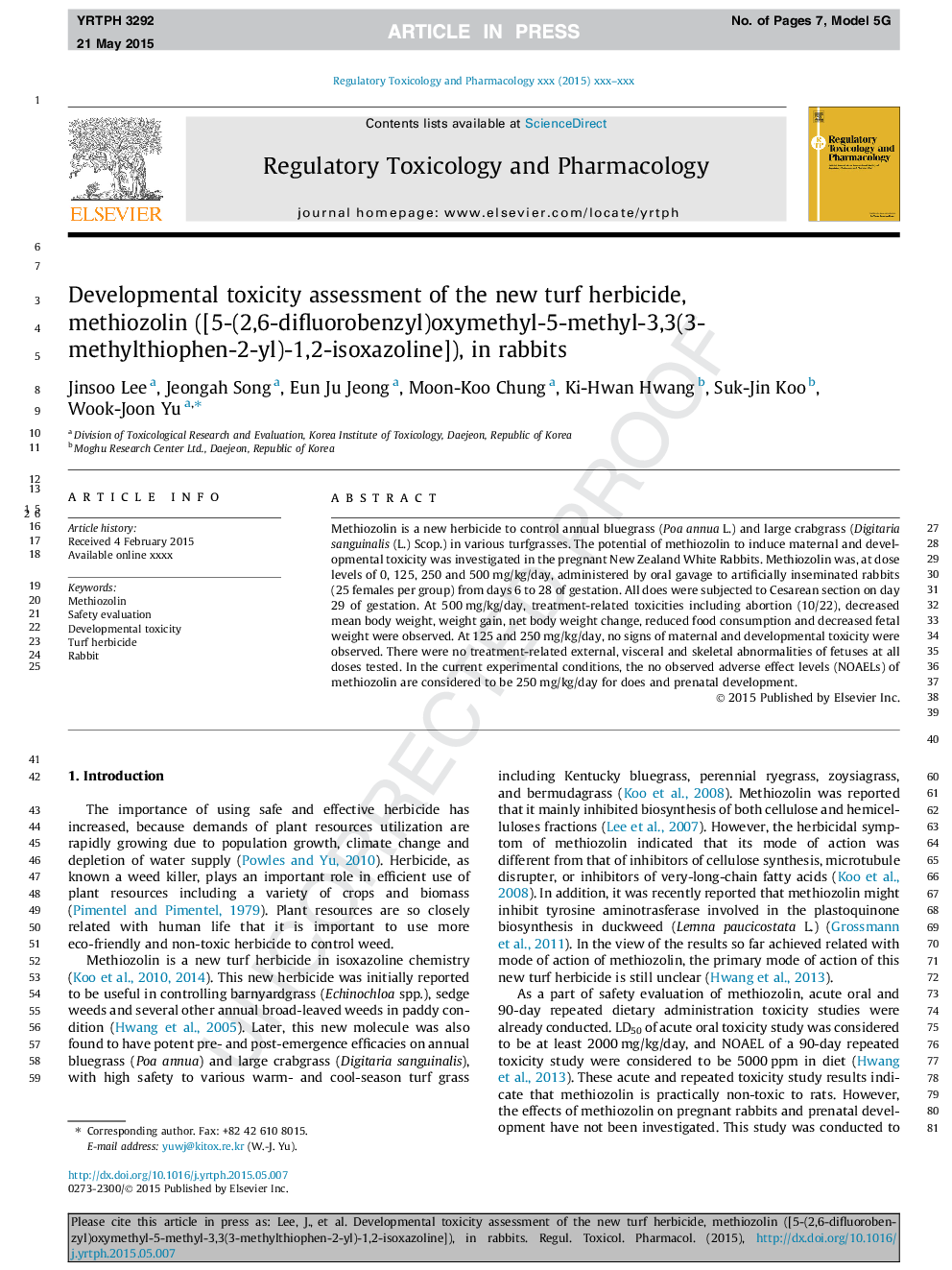 Developmental toxicity assessment of the new turf herbicide, methiozolin ([5-(2,6-difluorobenzyl)oxymethyl-5-methyl-3,3(3-methylthiophen-2-yl)-1,2-isoxazoline]), in rabbits