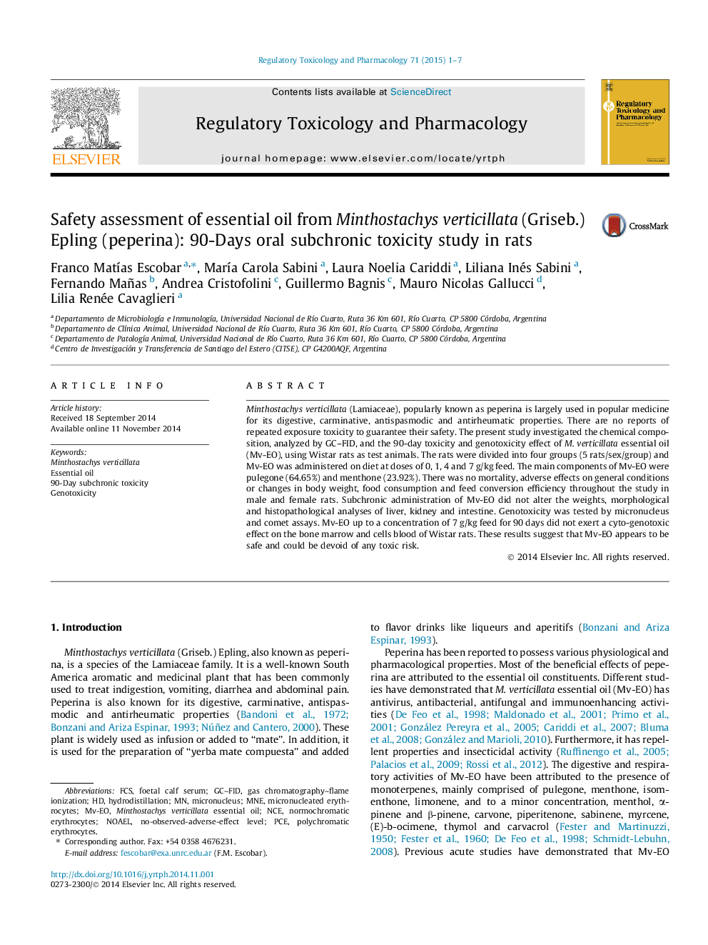 Safety assessment of essential oil from Minthostachys verticillata (Griseb.) Epling (peperina): 90-Days oral subchronic toxicity study in rats