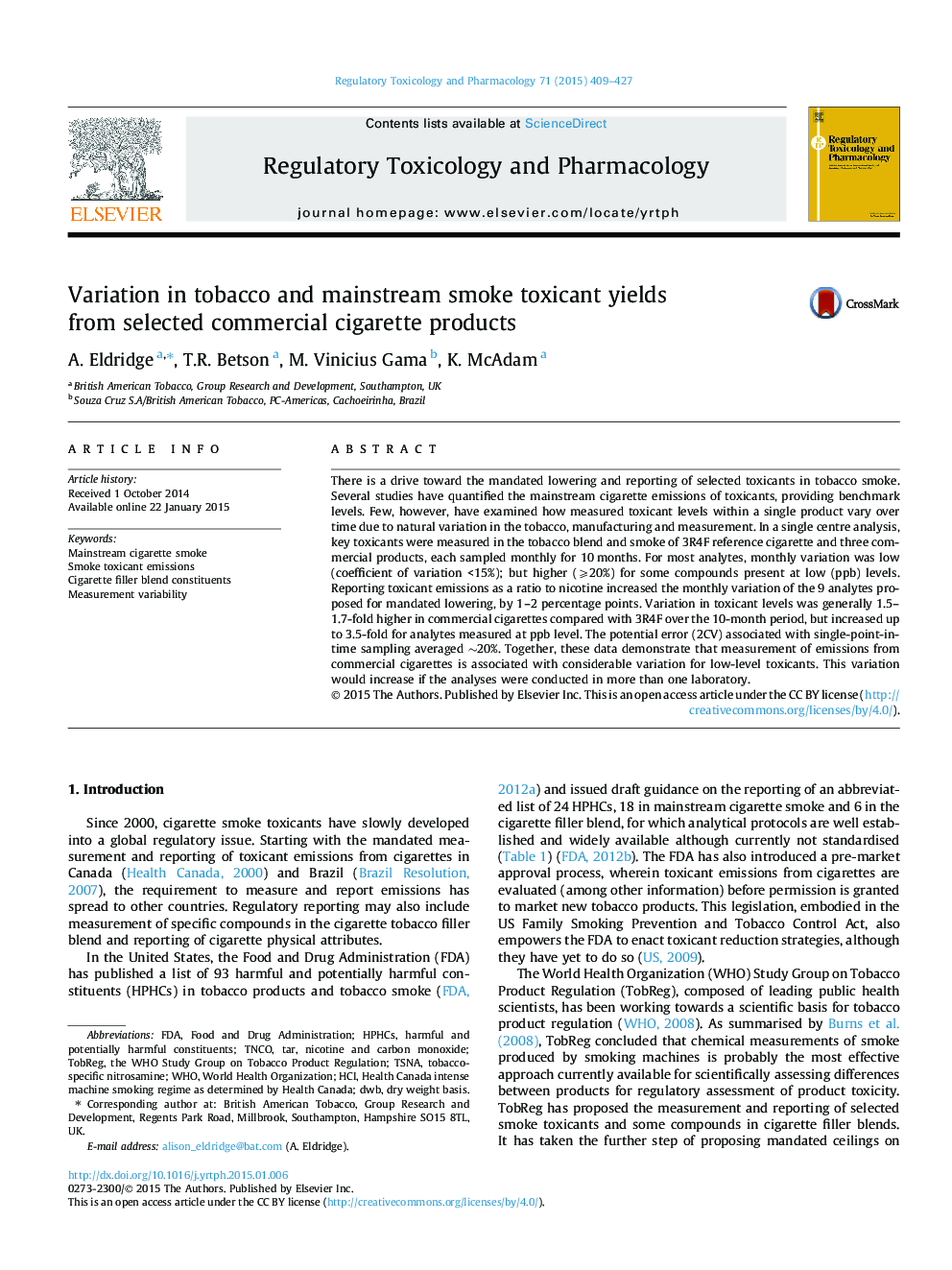 Variation in tobacco and mainstream smoke toxicant yields from selected commercial cigarette products