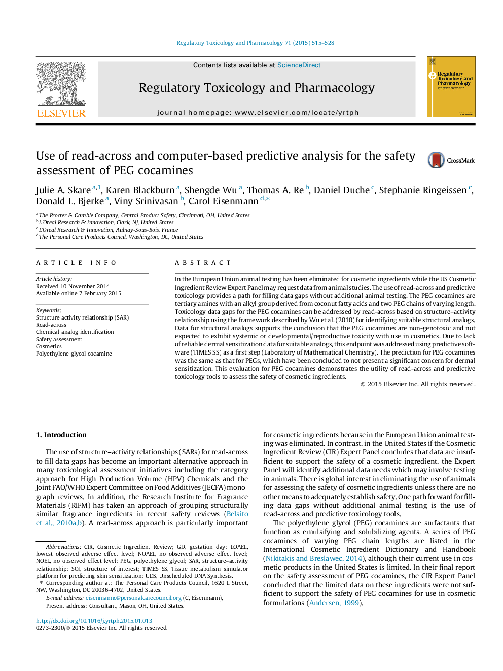 Use of read-across and computer-based predictive analysis for the safety assessment of PEG cocamines