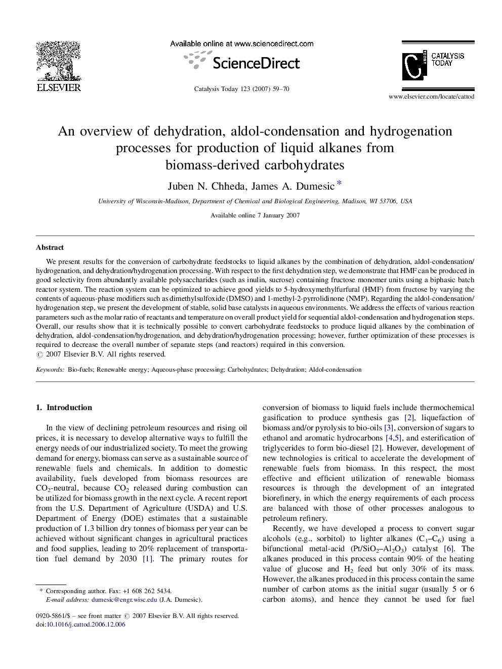 An overview of dehydration, aldol-condensation and hydrogenation processes for production of liquid alkanes from biomass-derived carbohydrates