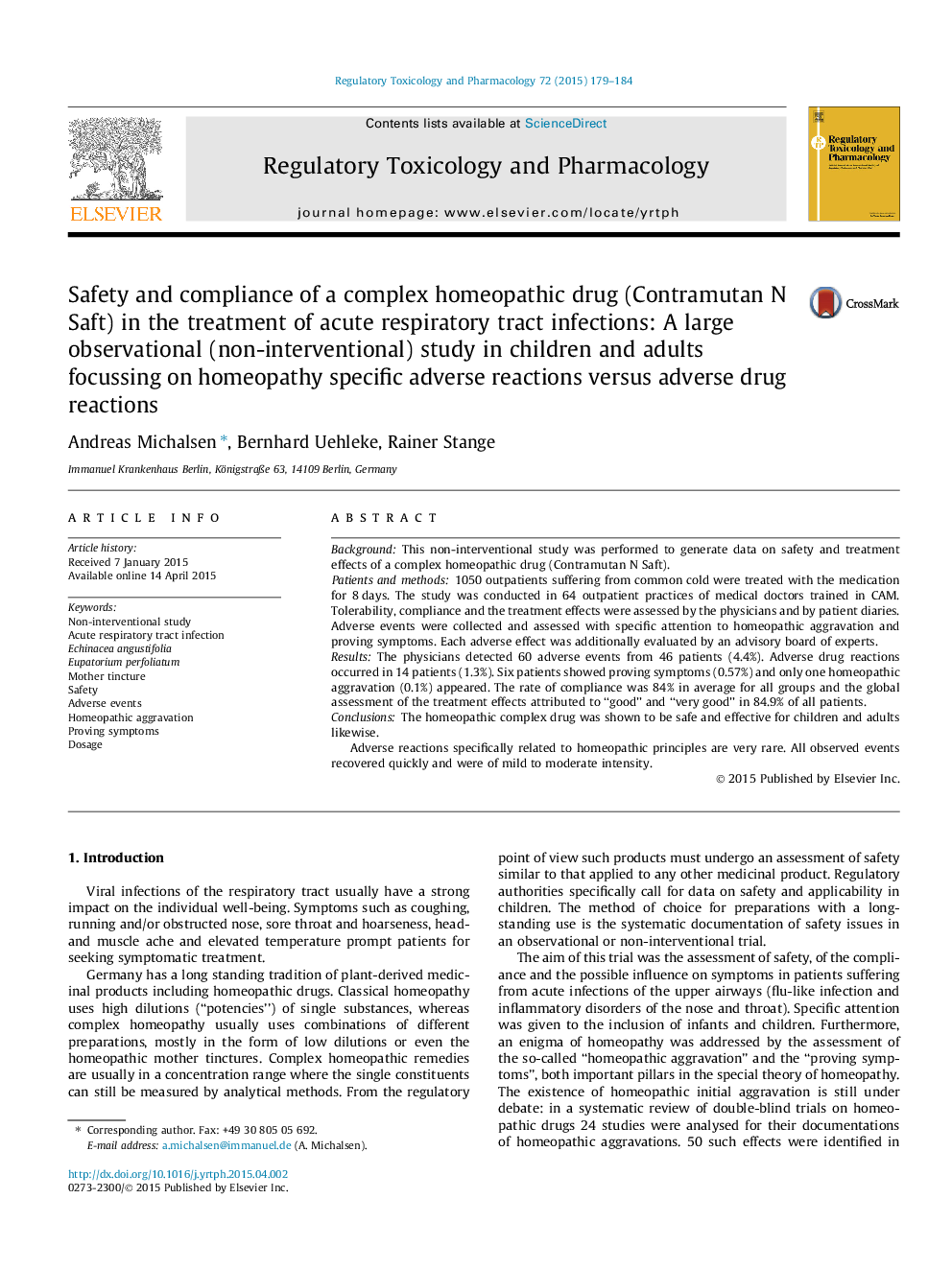 Safety and compliance of a complex homeopathic drug (Contramutan N Saft) in the treatment of acute respiratory tract infections: A large observational (non-interventional) study in children and adults focussing on homeopathy specific adverse reactions ver