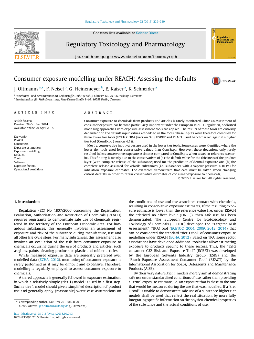 Consumer exposure modelling under REACH: Assessing the defaults