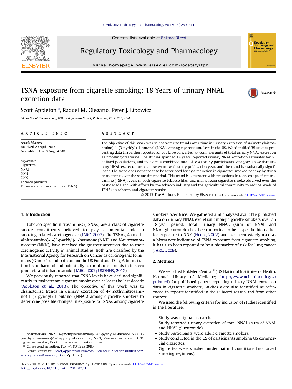 TSNA exposure from cigarette smoking: 18Â Years of urinary NNAL excretion data