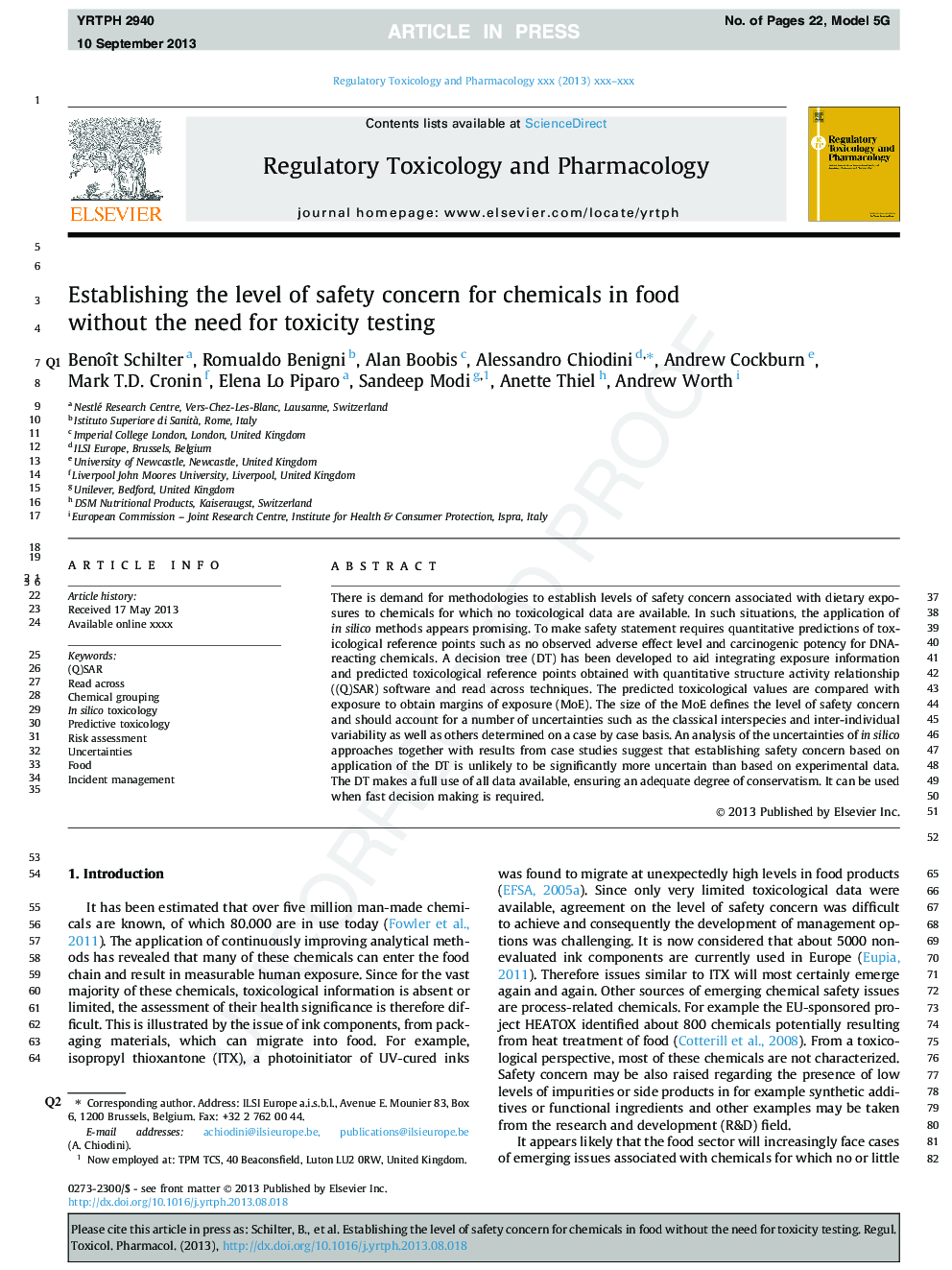 Establishing the level of safety concern for chemicals in food without the need for toxicity testing